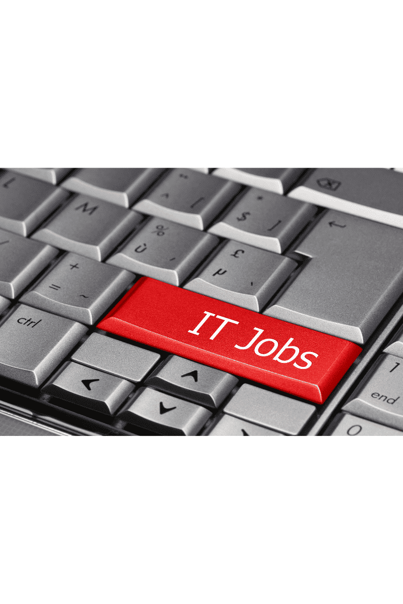IT jobs keyboard with red key labeled "IT Jobs" for career opportunities in information technology.