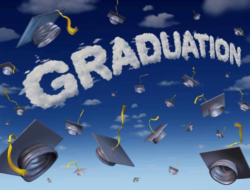 Graduation caps and mortarboards flying in the sky with "GRADUATION" spelled out in cloud letters, celebrating educational achievement and success at MyComputerCareer.
