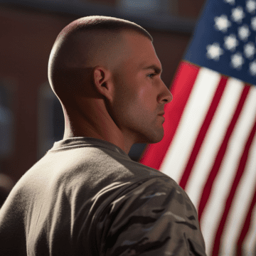 Dedicated military veteran in uniform with an American flag in the background, symbolizing patriotism and service.