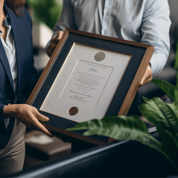 Certificate of achievement in a wooden frame, awarded through MyComputerCareer for IT training and certification.