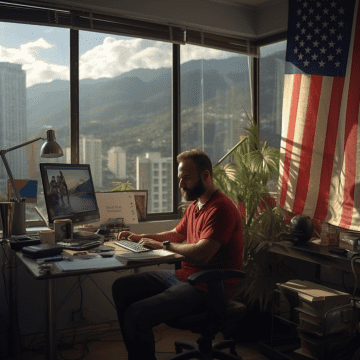 Laptop technician working at a desk in an office with city and mountain view, American flag, and indoor plants, representing tech education and career development from MyComputerCareer.