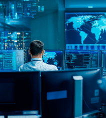 Server room technician working on multiple monitors displaying global networks and cybersecurity data.