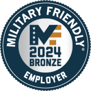 Military-friendly employer badge with 2024 bronze designation emphasizing support for veterans and active military personnel.