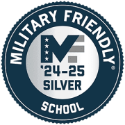 Military Friendly School 2024-2025 Silver Badge, highlighting commitment to veteran education and support.