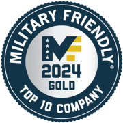 Military Friendly Top 10 Company 2024 badge for MyComputerCareer emphasizing career training and educational excellence in tech.